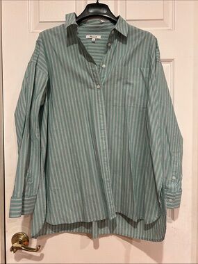Madewell Teal-Green and White Striped Button-Down Shirt